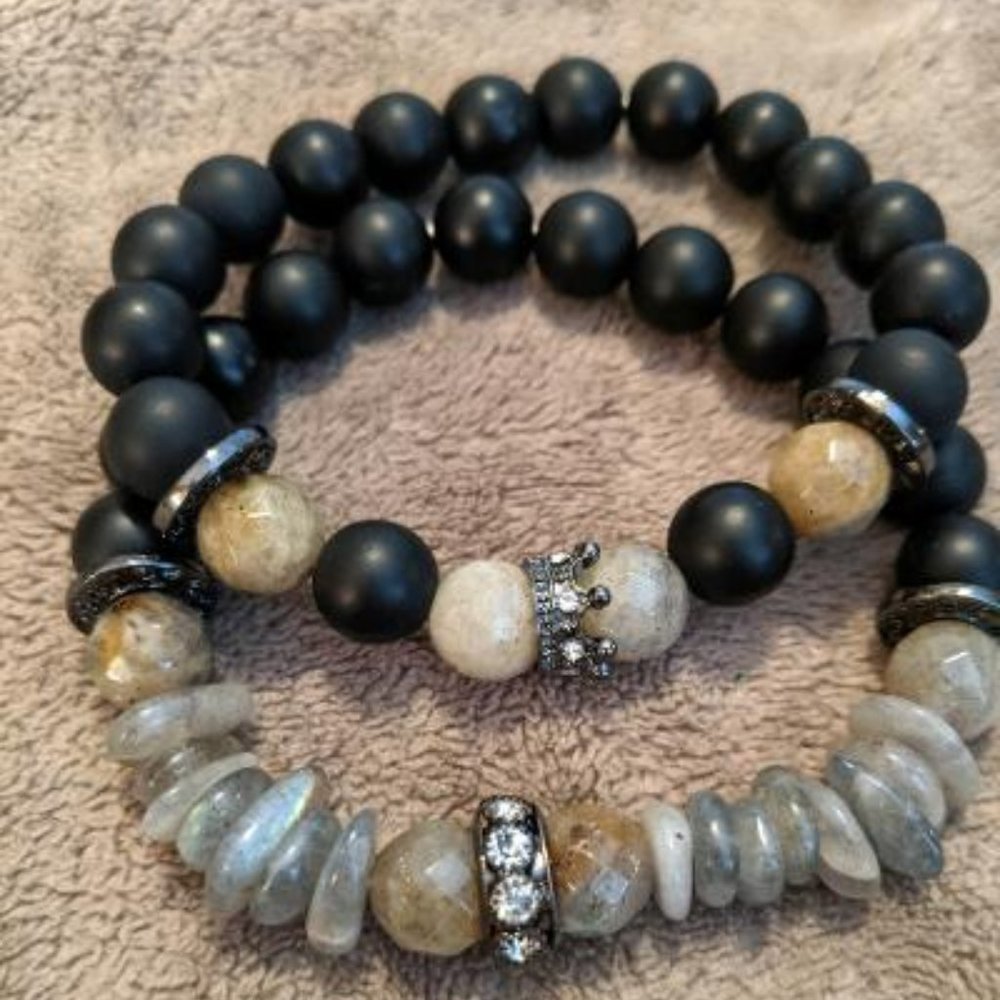 Men's Labradorite Crystal Crown Agate Bracelet Set